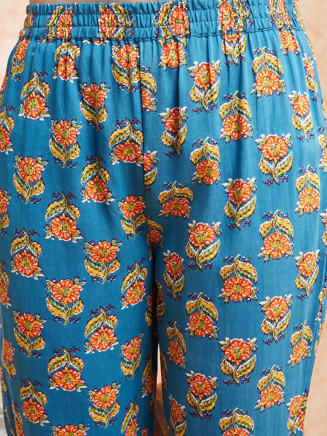 InWeave Women's Blue Orange Floral Yellow White Leh V Neck Kurta Set - Distacart
