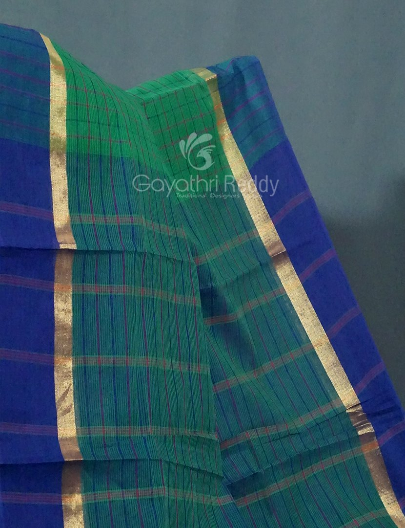 Rama Green With Checks Pure Mangalgiri Cotton Saree By Gayathri Reddy Designer Studio - Distacart