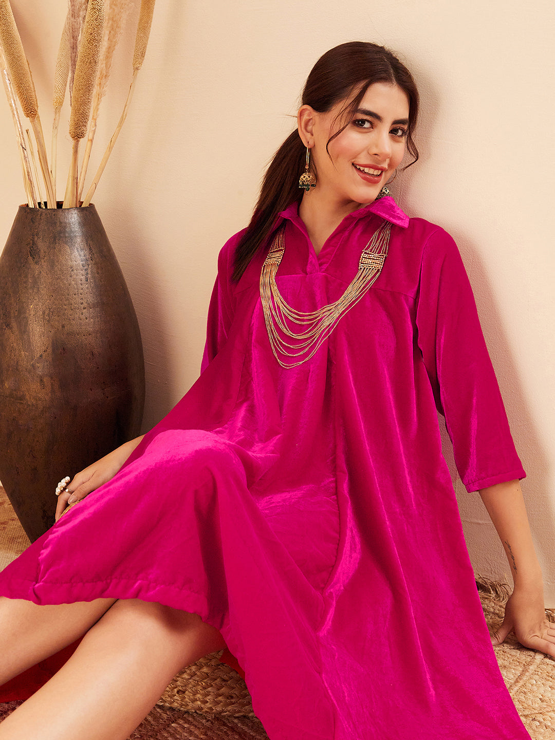 InWeave Women's Fuchsia Velvet Collared Neck Flared Midi Dress - Distacart