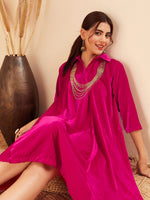 Thumbnail for InWeave Women's Fuchsia Velvet Collared Neck Flared Midi Dress - Distacart
