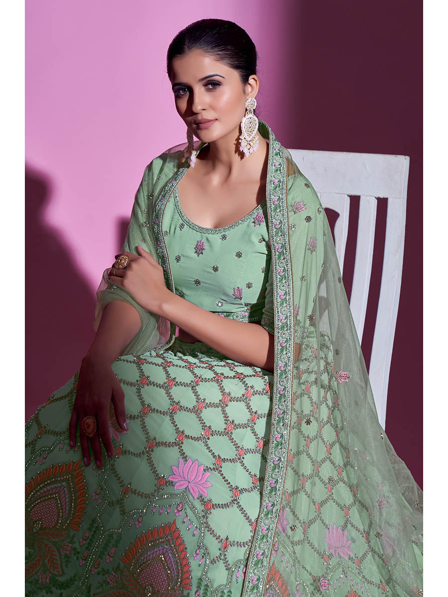 Myra Pista Green Georgette Embroidered Designer Lehenga Choli - Distacart