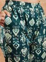 Thumbnail for InWeave Women's Peacock Blue Ikkat Print Gota Work Straight Kurta Pant Set - Distacart