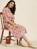 Thumbnail for Sangria Women Off White & Peach-Coloured Floral Print Straight Cotton Kurta with Trousers - Distacart