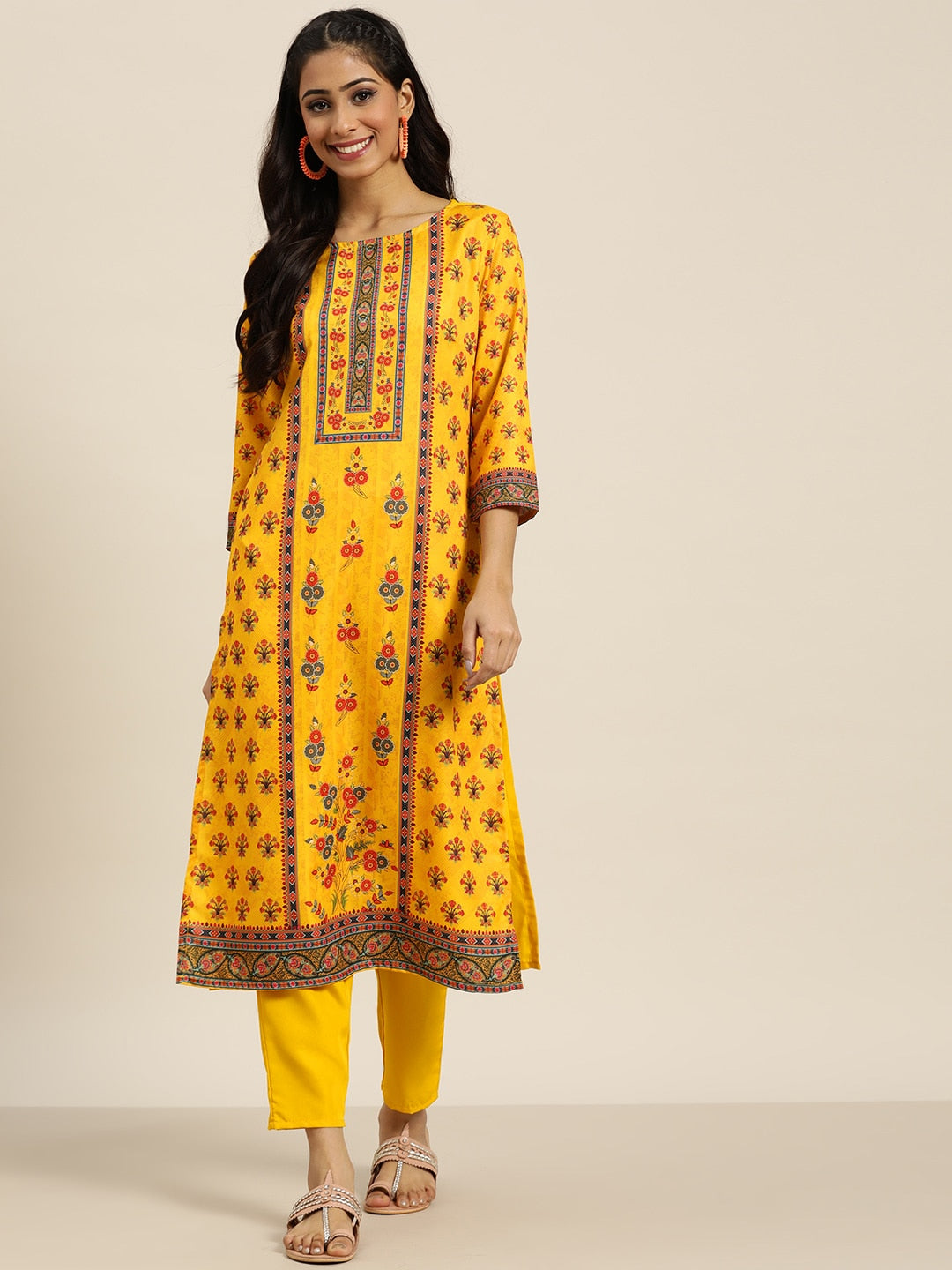Sangria Women Yellow Ethnic Motifs Printed Kurta with Trousers - Distacart