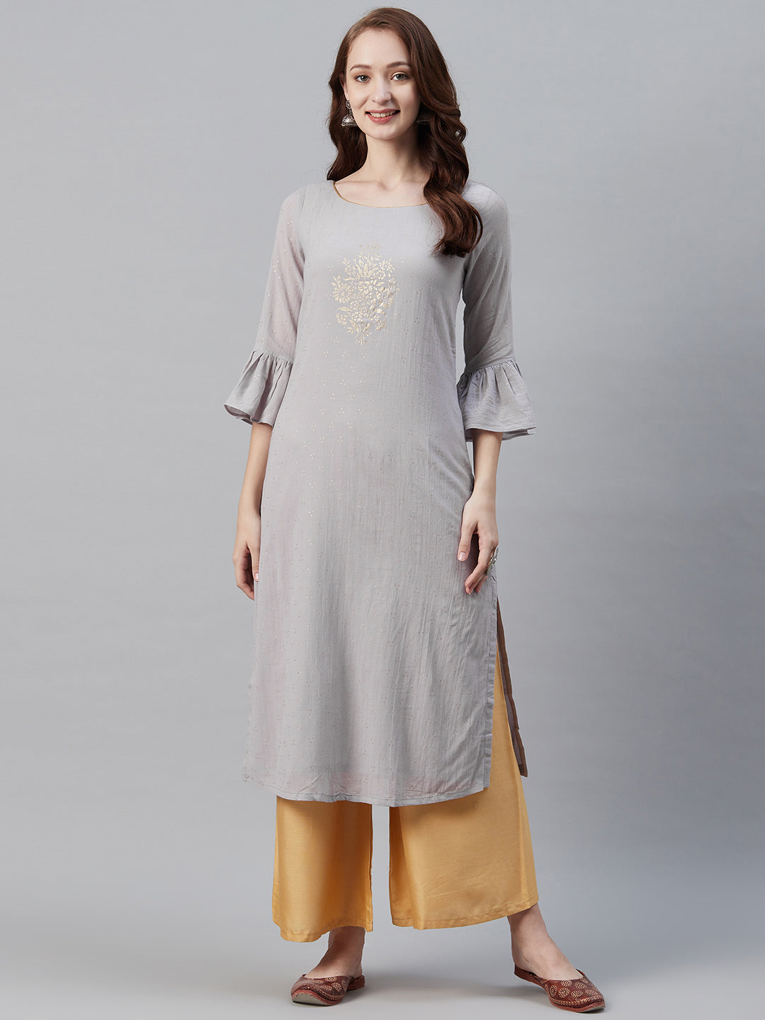 Biba Women Grey & Golden Floral Printed Straight Kurta - Distacart