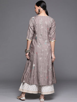 Libas Grey & Golden Ethnic Motifs Printed A-line Kurta with Pocket - Distacart
