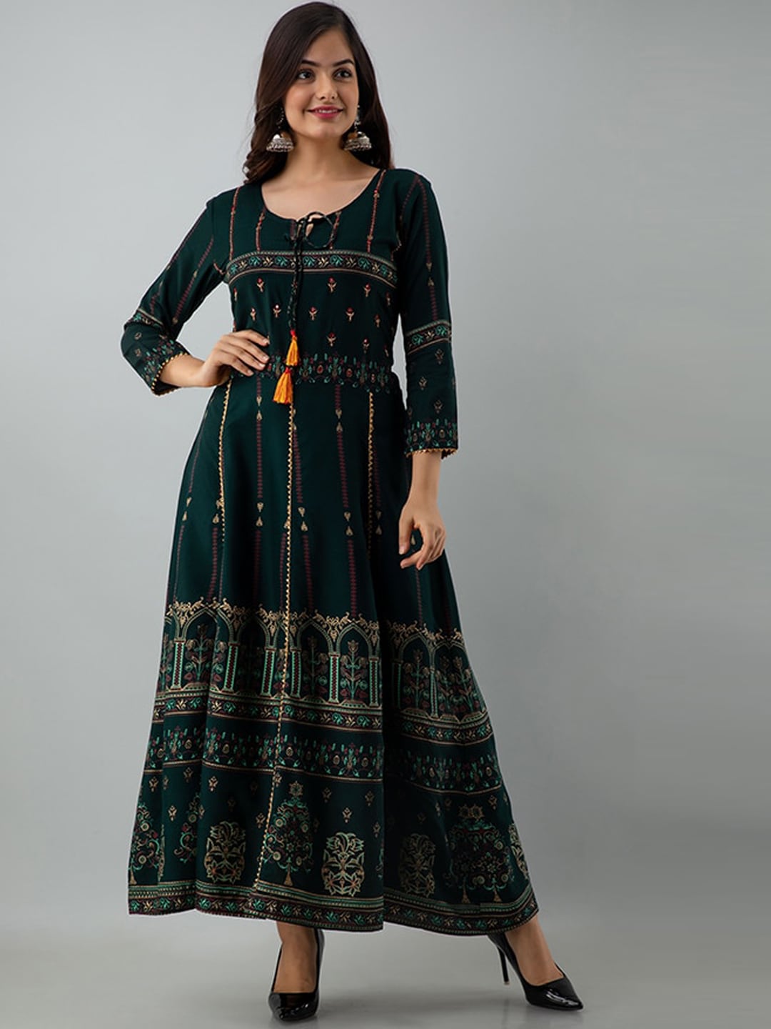 Kalini Women Green & Yellow Ethnic Motifs Printed Thread Work Anarkali Kurta - Distacart