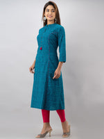 Thumbnail for Kalini Women Turquoise Blue & Pink Striped Cotton A-line Kurta - Distacart