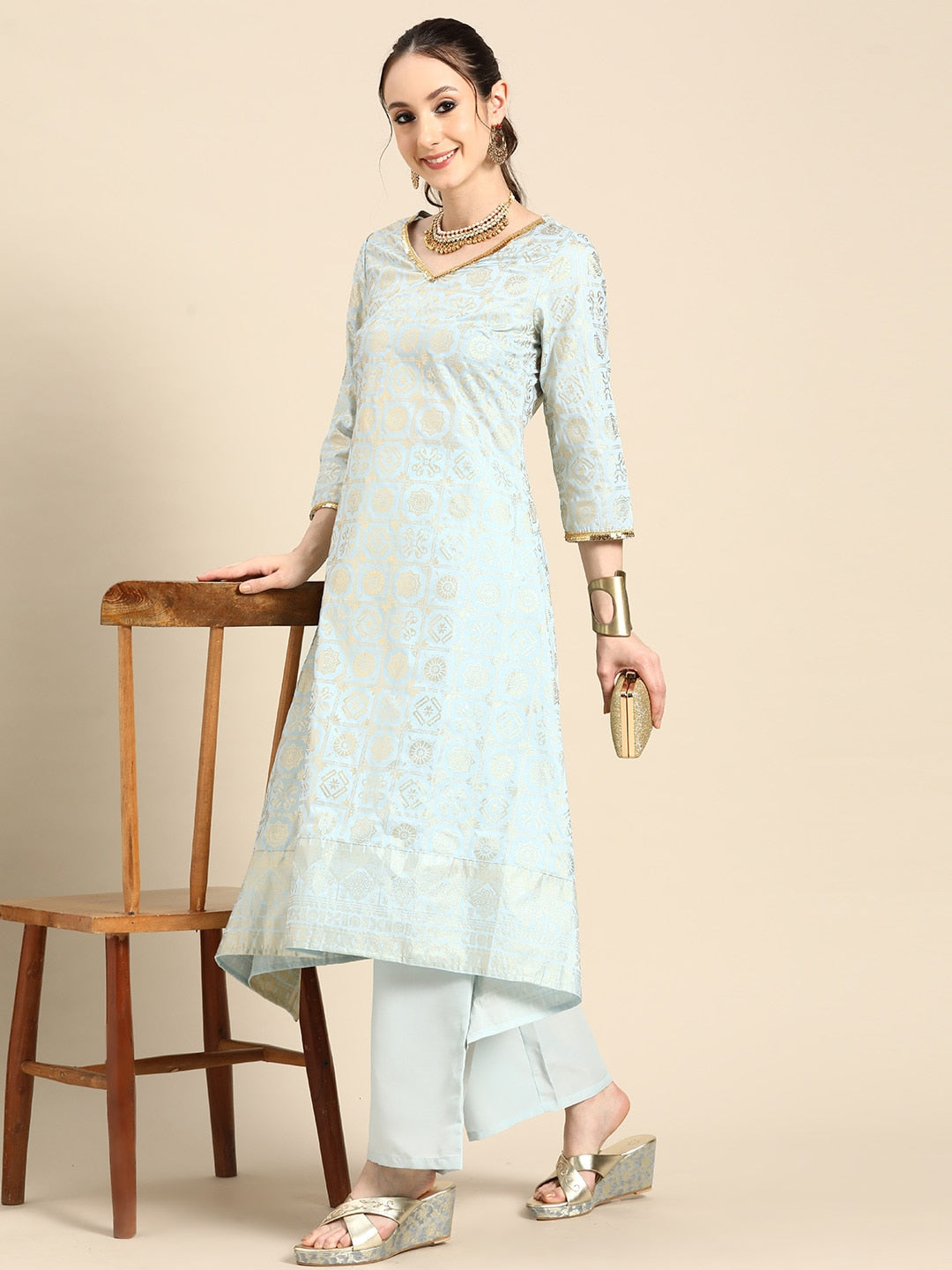 Sangria Gold-Toned Foil Printed Sequinned Detail A-Line Kurta with Palazzos - Distacart