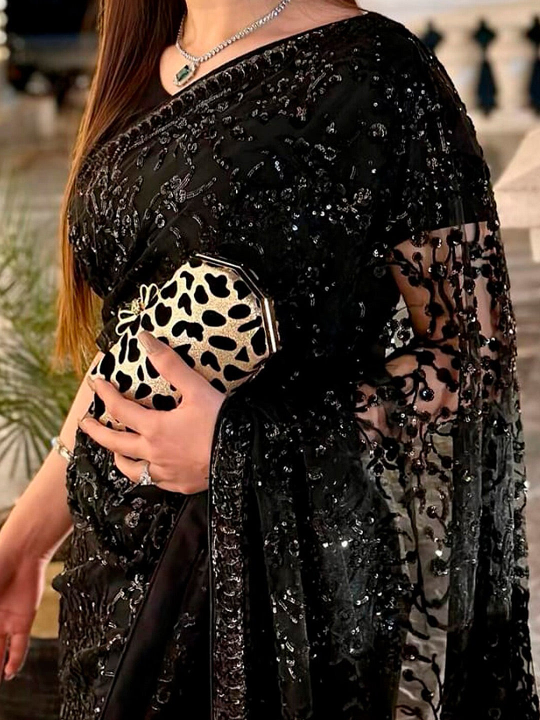 Sangria Embellished Sequinned Pure Georgette Saree - Distacart