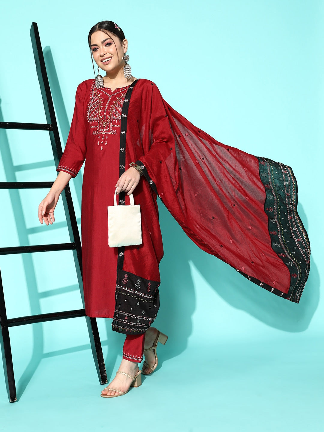 Sangria Women Maroon Ethnic Motifs Embroidered Thread Work Kurta With Trousers & Dupatta - Distacart