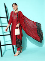 Thumbnail for Sangria Women Maroon Ethnic Motifs Embroidered Thread Work Kurta With Trousers & Dupatta - Distacart