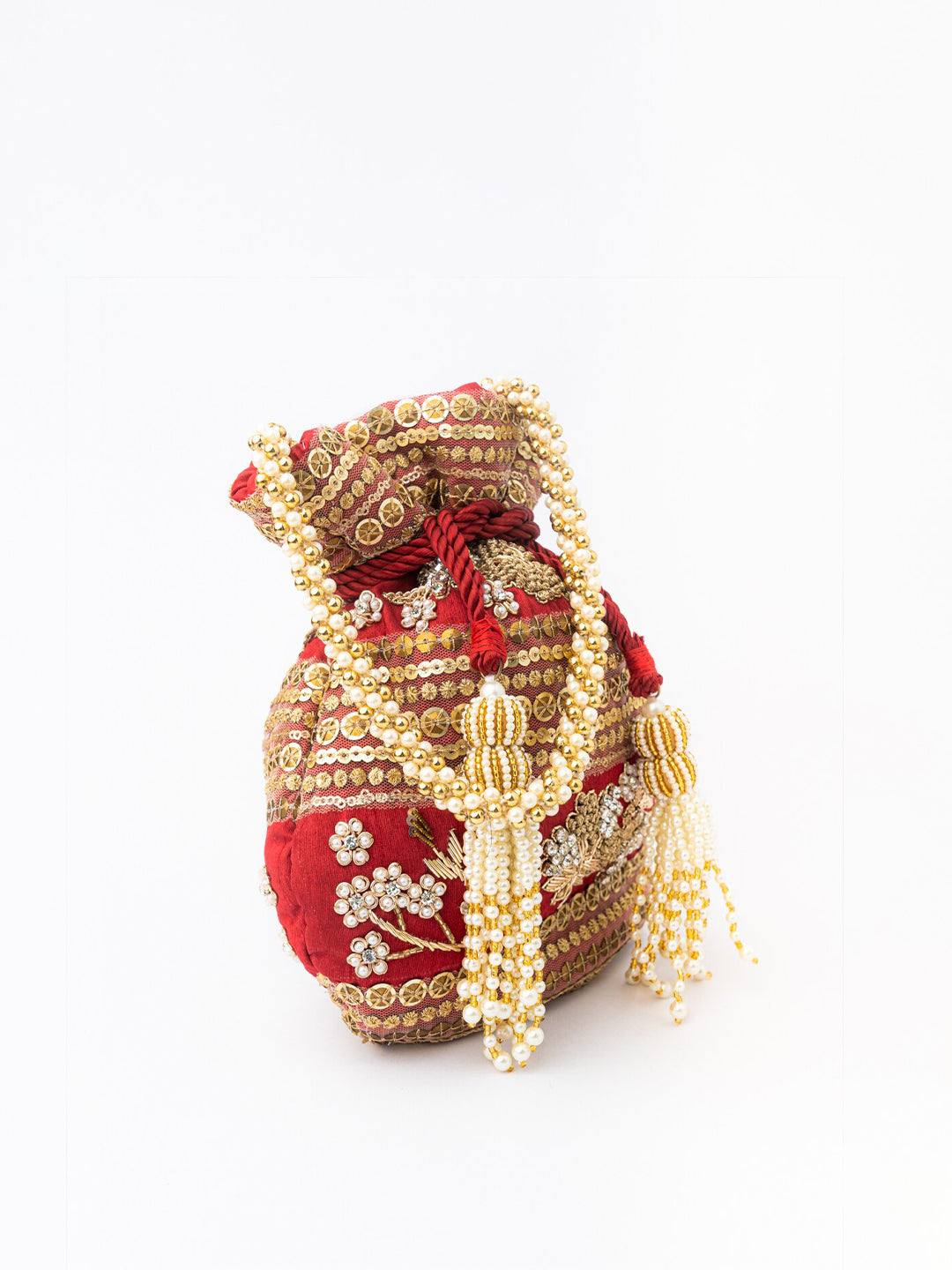 NR By Nidhi Rathi Maroon & Gold-Toned Persia Embroidered Potli Clutch - Distacart