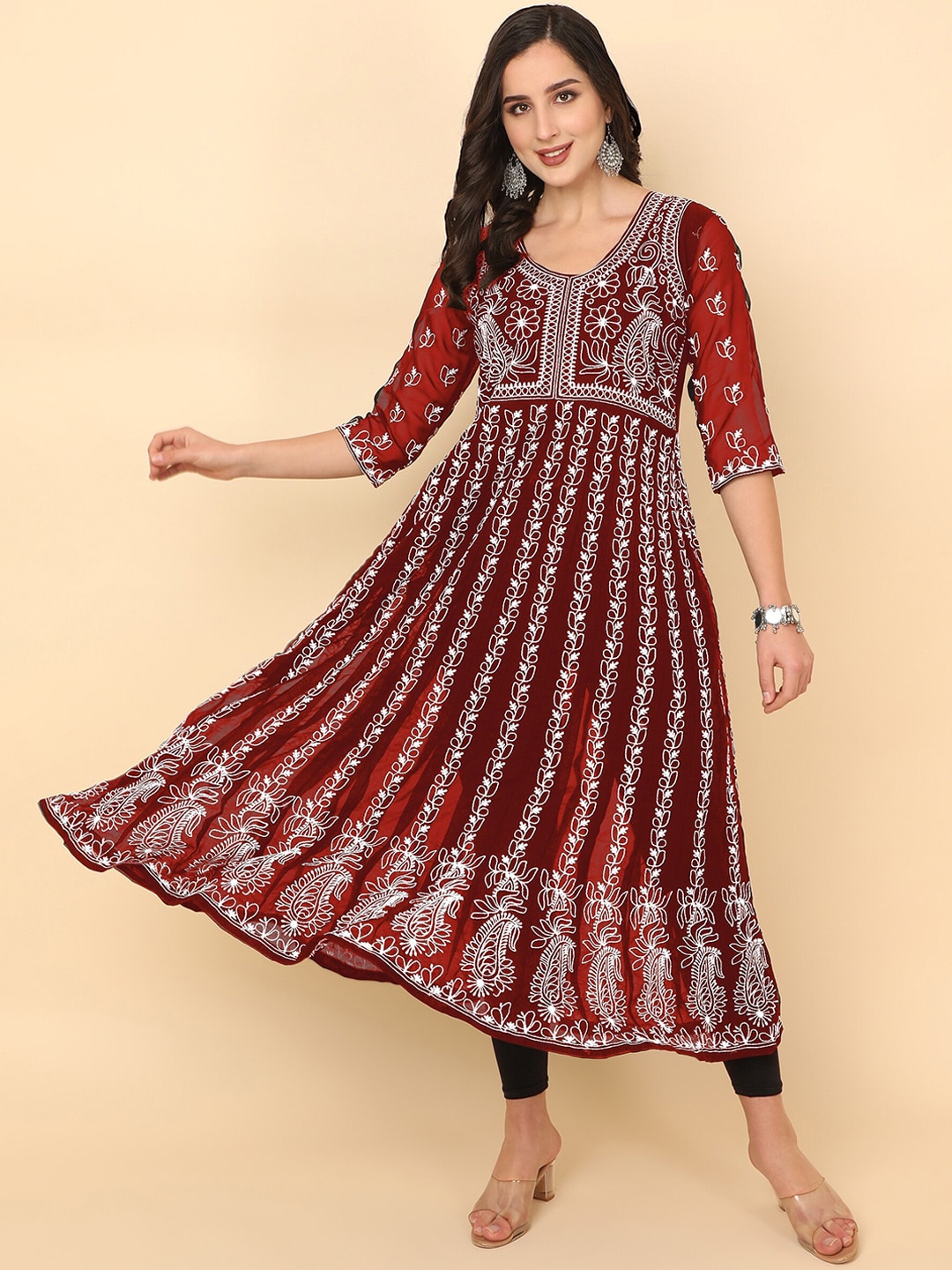 HERE&NOW Scoop Neck Chikankari Embroidered Thread Work Georgette Anarkali Kurta - Distacart