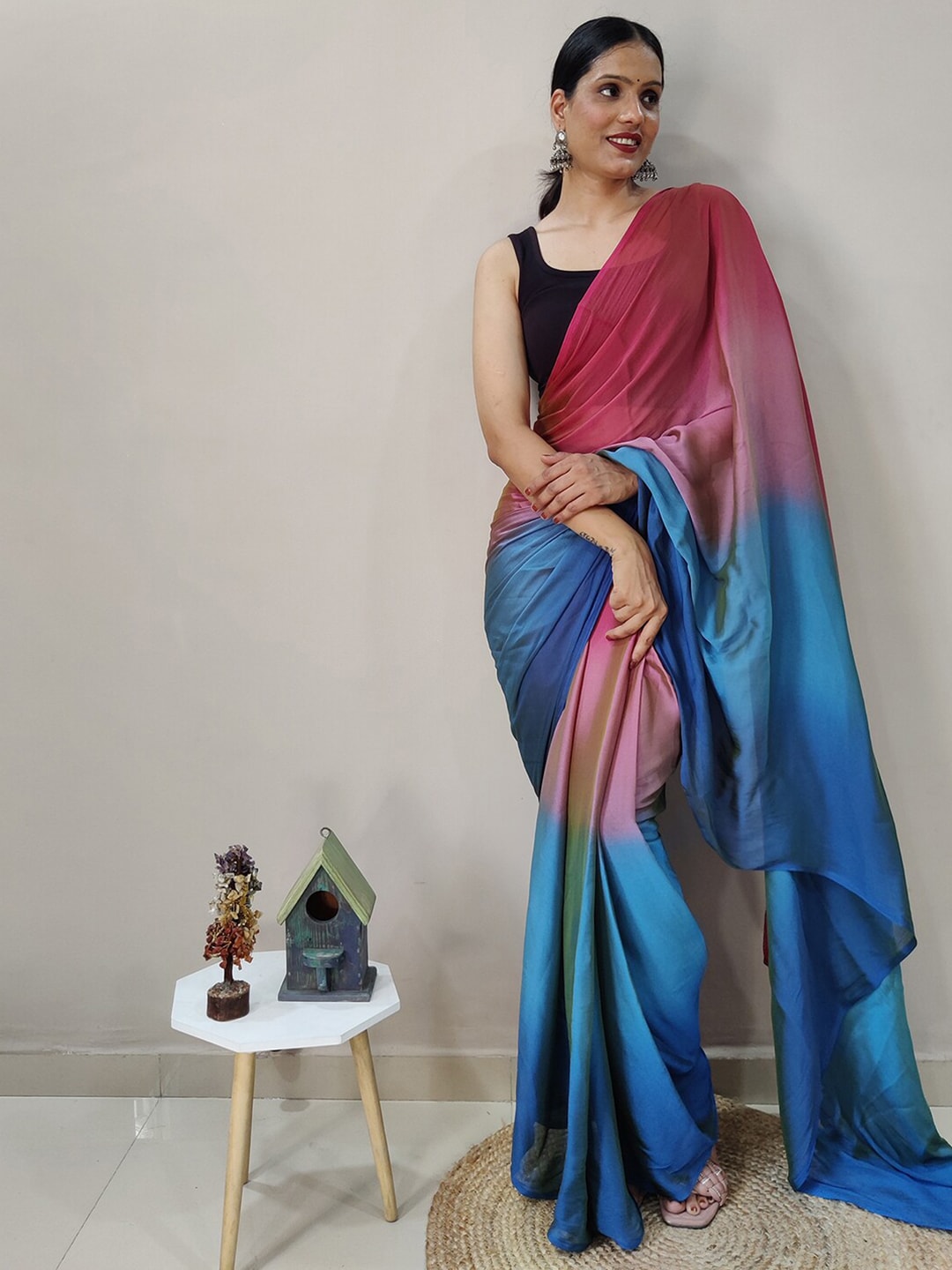 Mitera Pink & Blue Ombre Ready To Wear Saree - Distacart