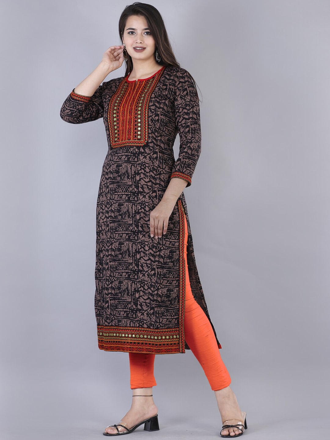 Kalini Women Brown Geometric Printed Flared Sleeves Thread Work Kurta - Distacart