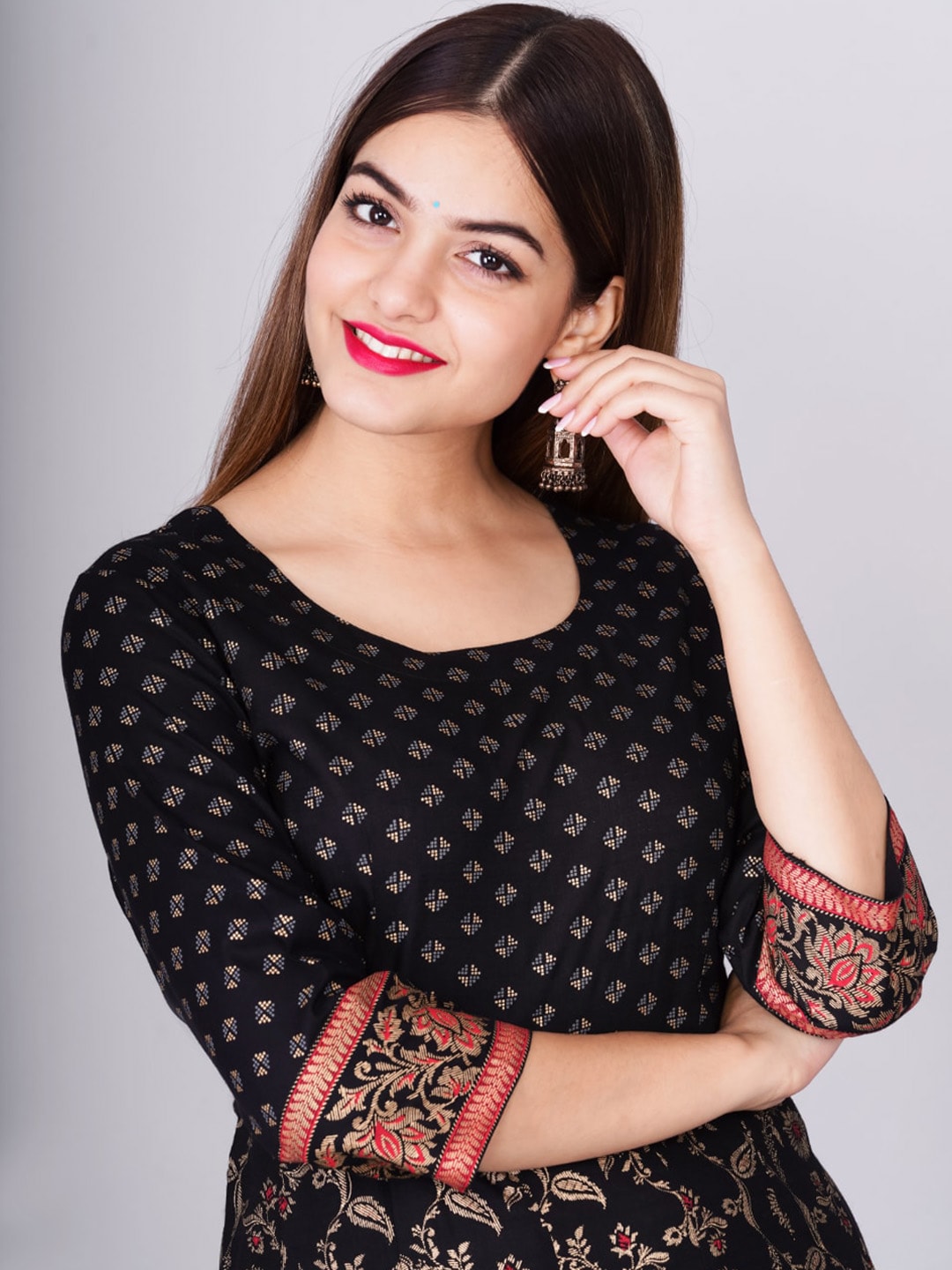 Kalini Women Black & Red Ethnic Motifs Printed Round Neck Cotton Anarkali Kurta - Distacart