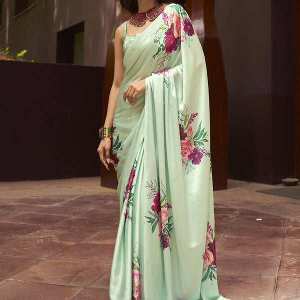 Mitera Green & Pink Floral Saree - Distacart