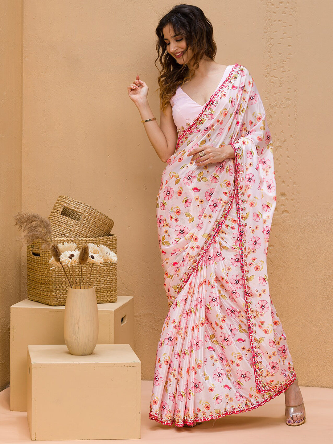 Koskii Floral Printed Mirror Work Saree - Distacart