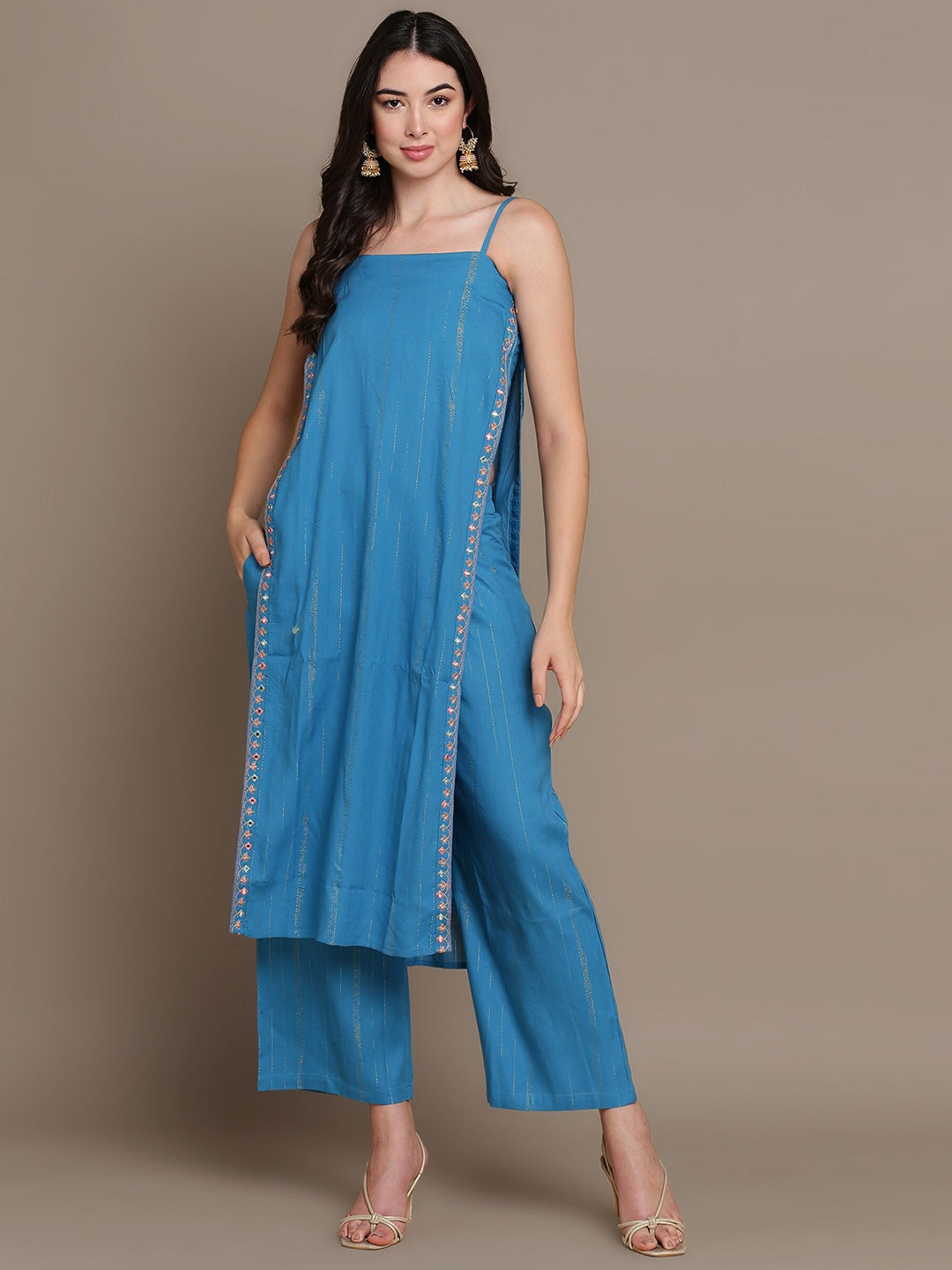 HERE&NOW Striped Mirror Work High Slit Kurta with Palazzos - Distacart