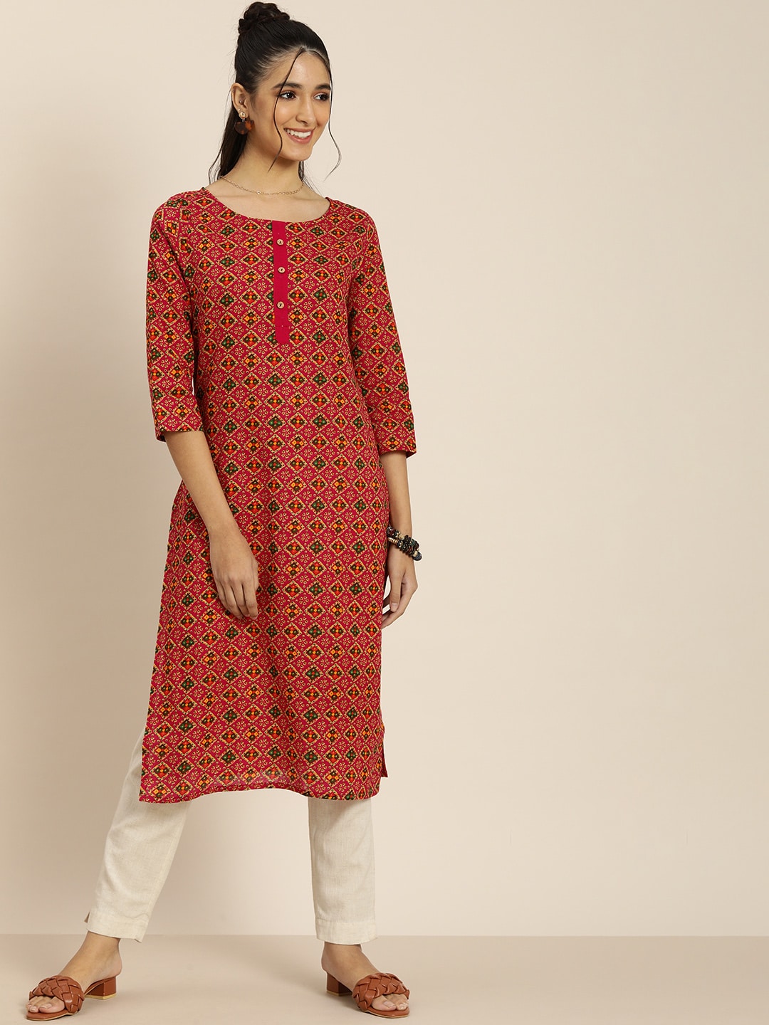 Sangria Women Pink & Green Pure Cotton Bandhani Printed Kurta - Distacart