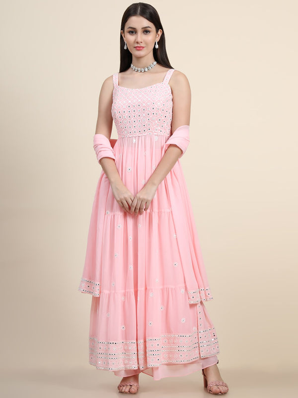 Kalini Women Pink Floral Embroidered Mirror Work Kurta with Palazzos & With Dupatta - Distacart