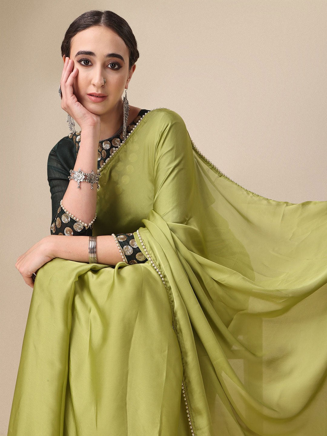 Sangria Olive Green Satin Saree With Beads Embelished Border - Distacart