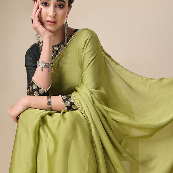 Sangria Olive Green Satin Saree With Beads Embelished Border - Distacart