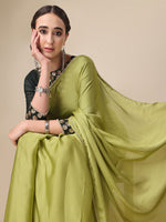 Thumbnail for Sangria Olive Green Satin Saree With Beads Embelished Border - Distacart