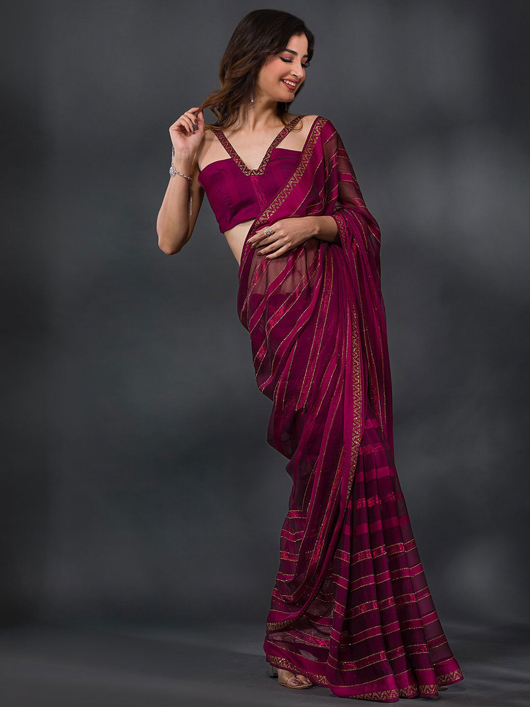 Koskii Striped Beads and Stones Tissue Saree - Distacart
