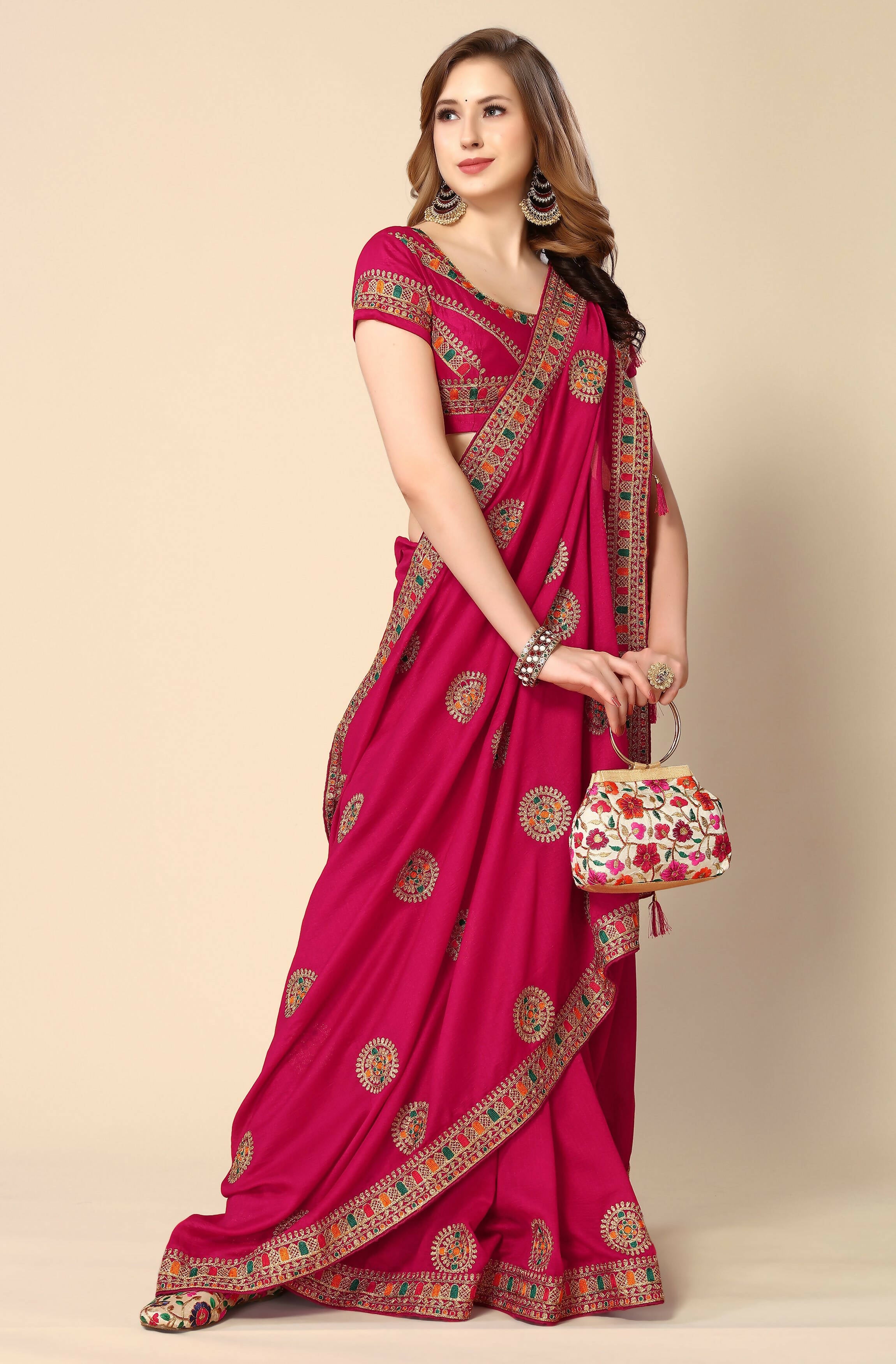 Pink Chinon Embroidered Saree with Unstitched Blouse Piece - Roozal - Distacart