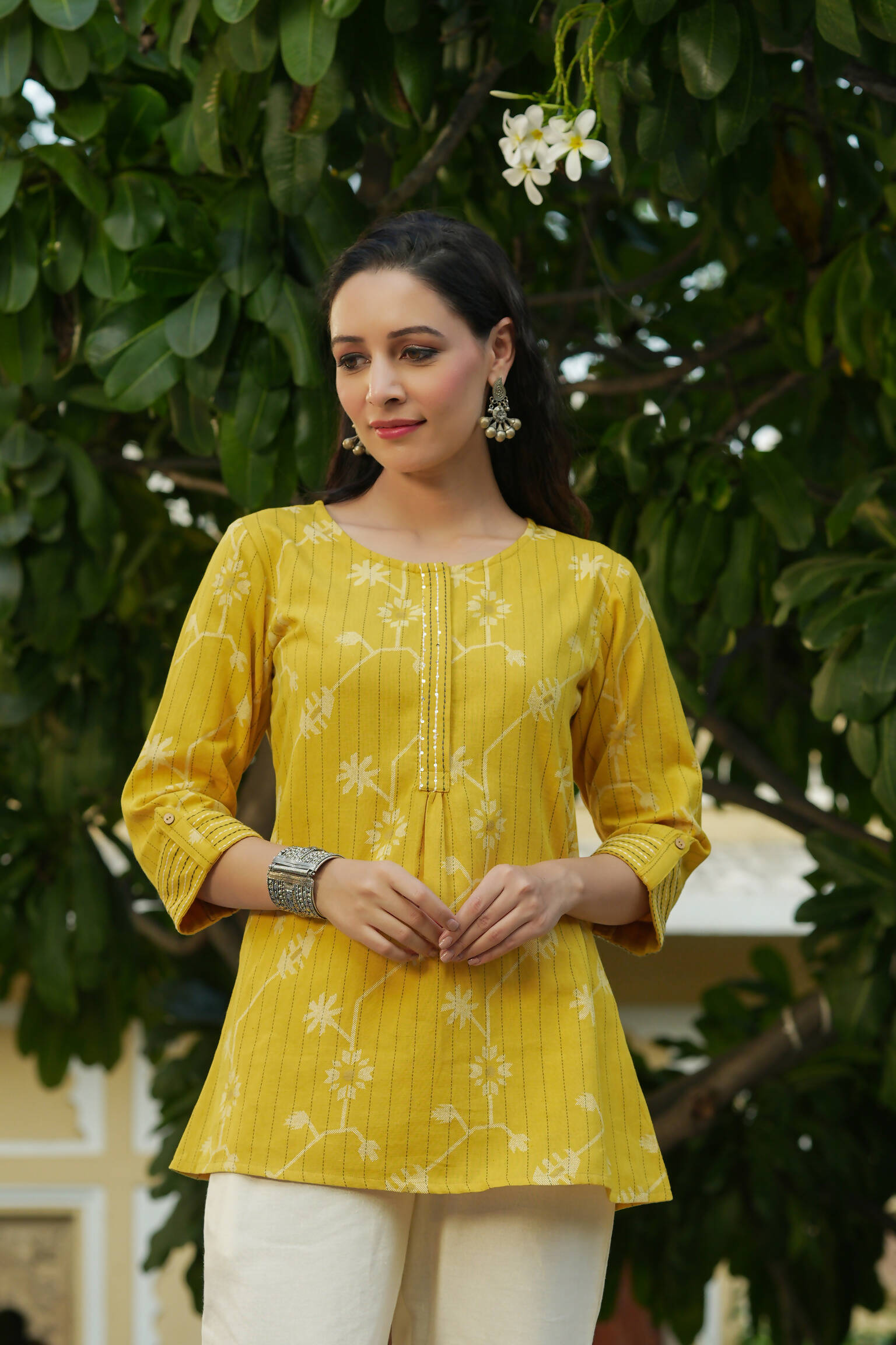 Juniper Women's Mustard Cotton Flex Geometric Printed Tunic - Distacart