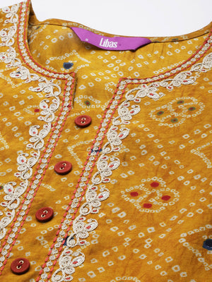 Libas Mustard Yellow Bandhani Print Thread Work Indie Prints Chanderi Silk Kurta - Distacart