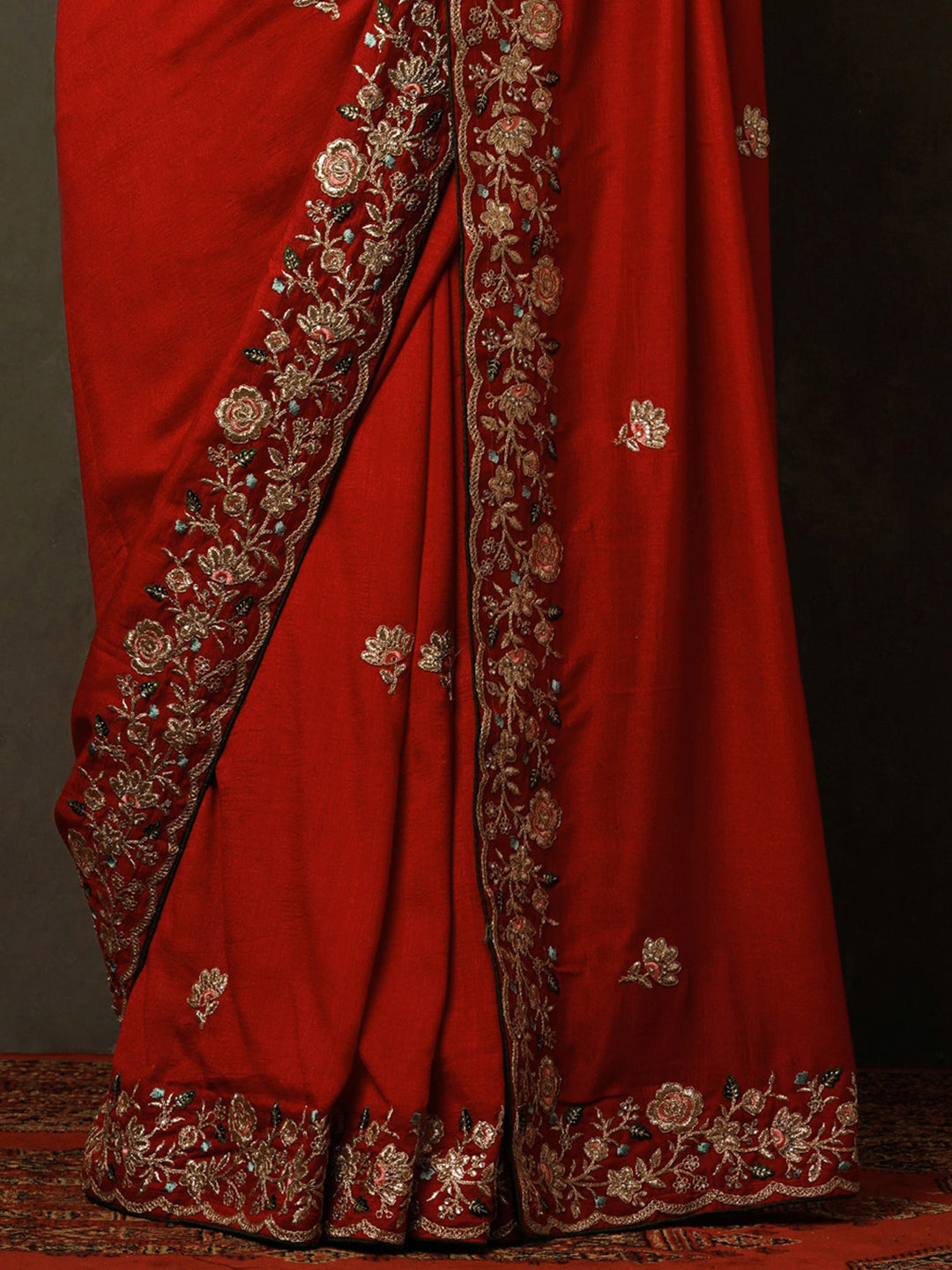 Mitera Red & Green Ethnic Motifs Embroidered Saree - Distacart