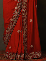 Thumbnail for Mitera Red & Green Ethnic Motifs Embroidered Saree - Distacart