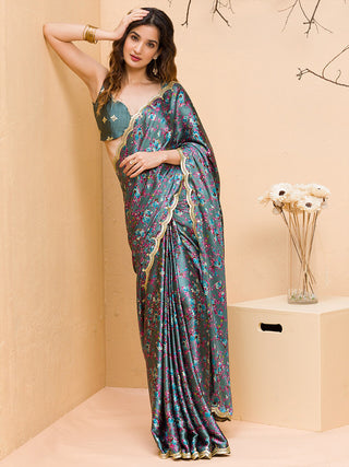 Koskii Floral Printed Gotta Patti Satin Saree - Distacart