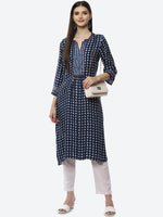Thumbnail for Biba Women Blue Geometric Printed Keyhole Neck Flared Sleeves Thread Work Kurta - Distacart