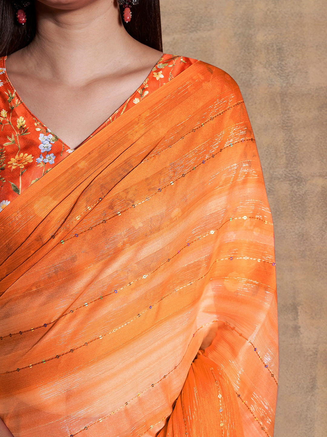 Mitera Orange Embellished Sequinned Pure Chiffon Saree - Distacart