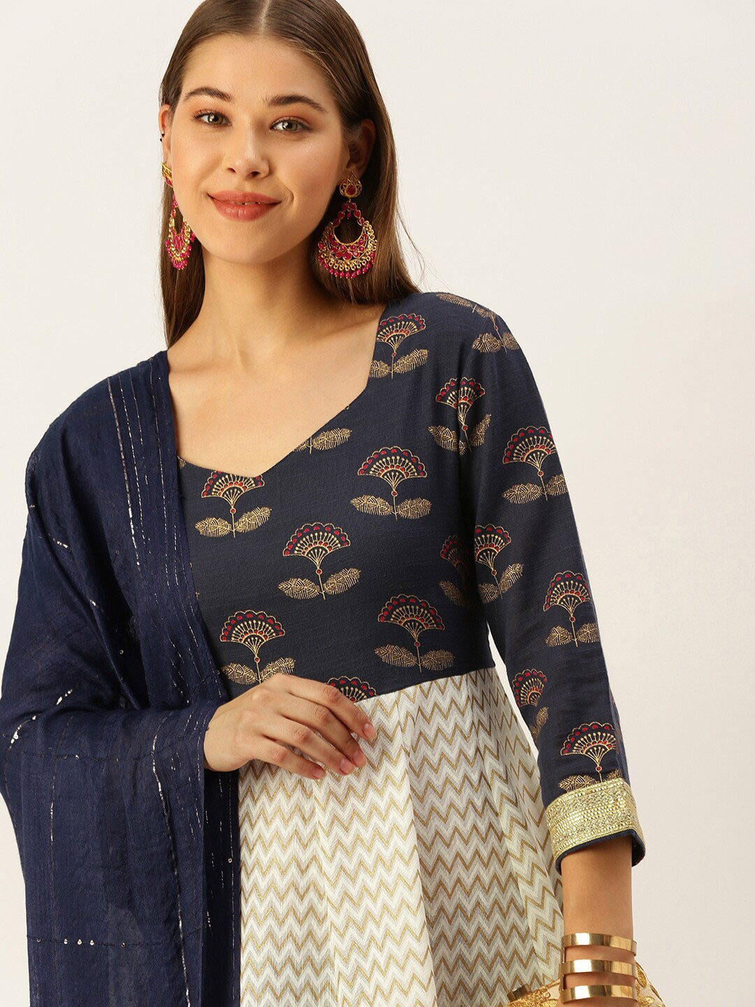 HERE&NOW Women Blue & Cream-Coloured Ethnic Motifs Printed Anarkali Kurta With Dupatta - Distacart