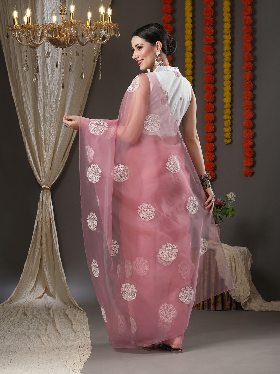 Saree Mall Mauve & White Floral Embroidered Organza Banarasi Sarees - Distacart