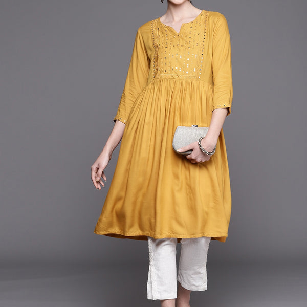 Biba Women Mustard Yellow Embroidered Mirror Work Yoke Design A-Line Kurta - Distacart
