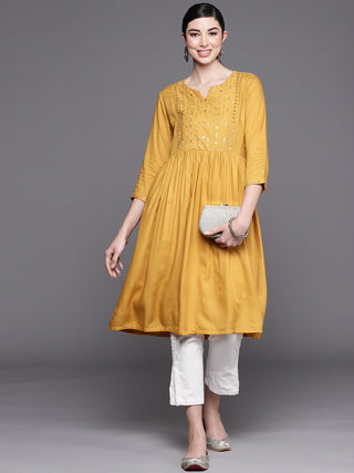 Biba Women Mustard Yellow Embroidered Mirror Work Yoke Design A-Line Kurta - Distacart