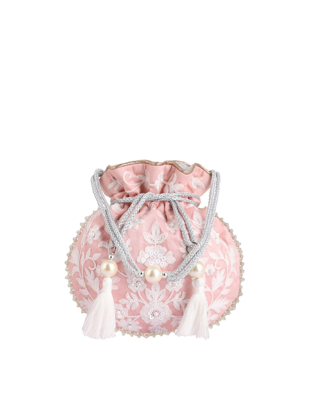 Masq Pink & White Embellished Embroidered Potli Clutch - Distacart
