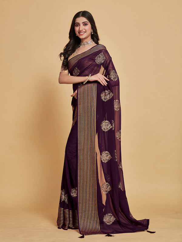 Sangria Coffee Brown Ethnic Motifs Embroidered Zari Pure Georgette Saree - Distacart