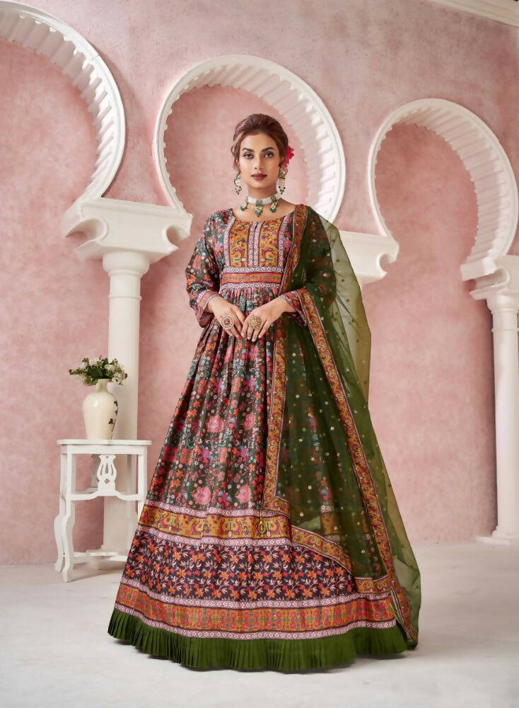 Everywhere Designer Mahendi Dola Silk Gown With Dupatta - Anbazaar - Distacart