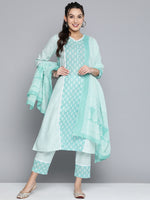 Thumbnail for HERE&NOW Women Turquoise Blue Floral Printed Pure Cotton Kurta with Palazzos & With Dupatta - Distacart