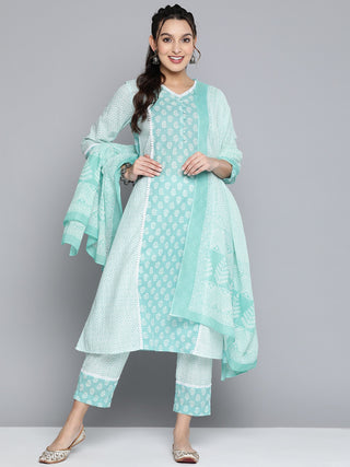HERE&NOW Women Turquoise Blue Floral Printed Pure Cotton Kurta with Palazzos & With Dupatta - Distacart