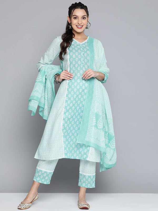 HERE&NOW Women Turquoise Blue Floral Printed Pure Cotton Kurta with Palazzos & With Dupatta - Distacart
