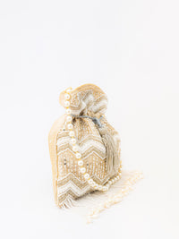 Thumbnail for NR By Nidhi Rathi Cream-Coloured & Gold-Toned Embellished Potli Clutch - Distacart