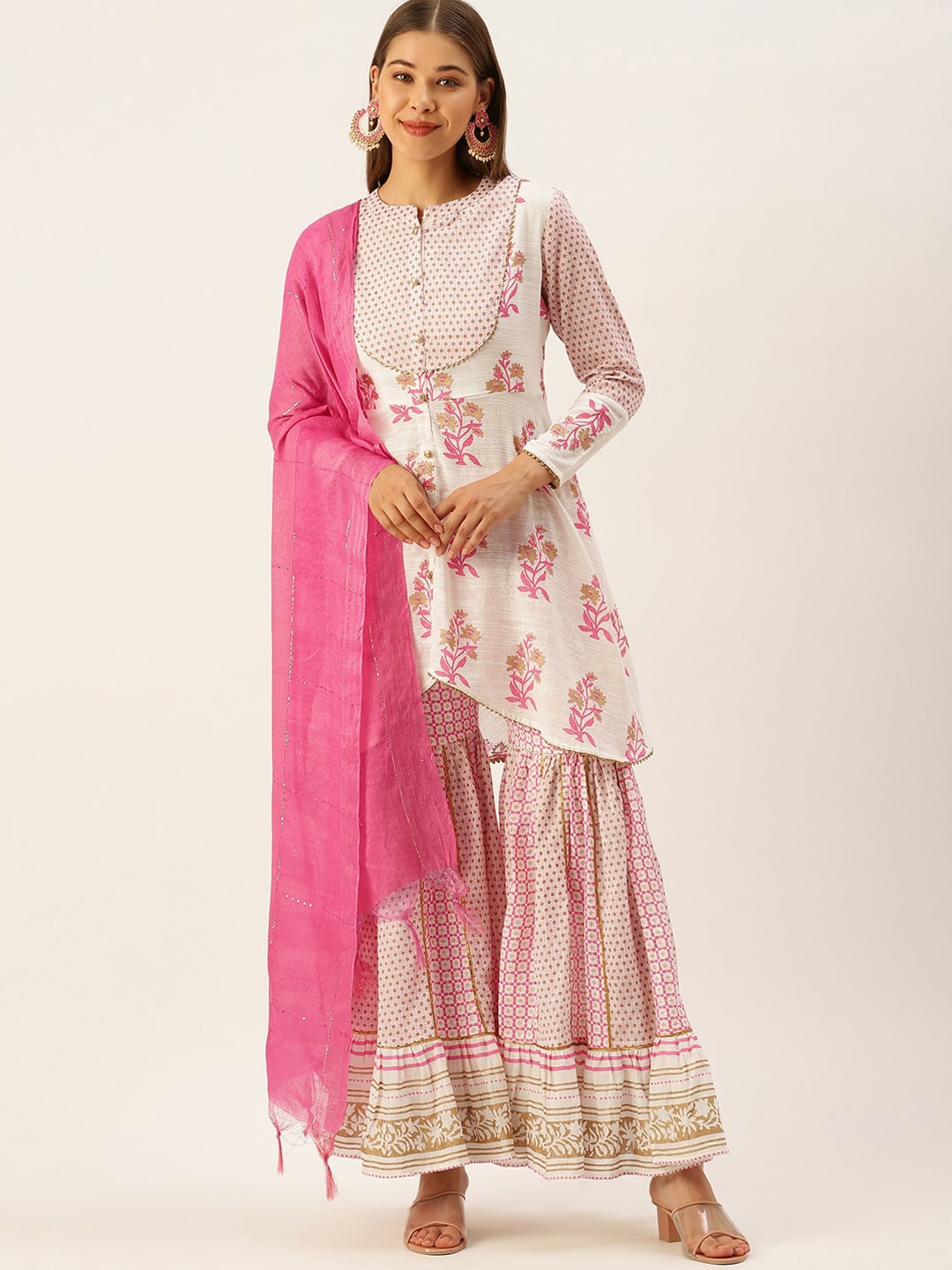 HERE&NOW Women White Floral Printed Kurta with Sharara With Dupatta - Distacart